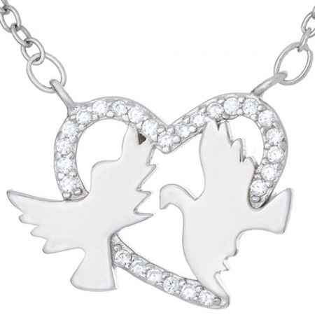 Naszyjnik srebrny  925 celebrytka o kształcie serca z gołąbkami  i cyrkoniami.