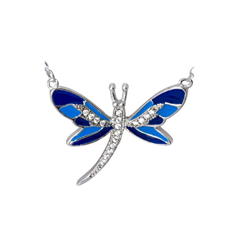 Naszyjnik srebrny próby 925 o kształcie ważki z emalią w odcieniach niebieskich i cyrkoniami.