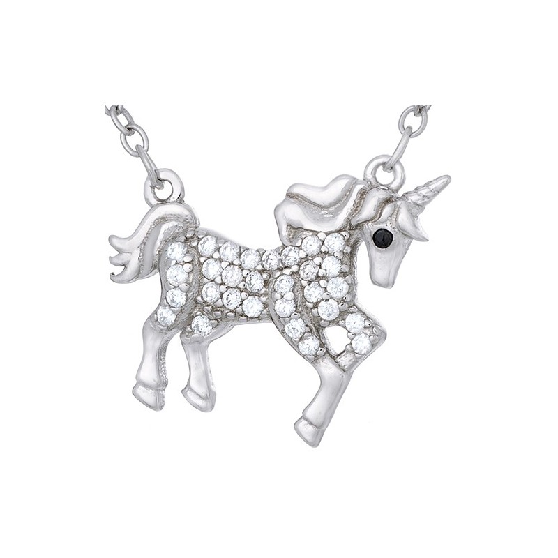 Naszyjnik srebrny próby 925  piękna celebrytka o kształcie jednorożca z cyrkoniami.