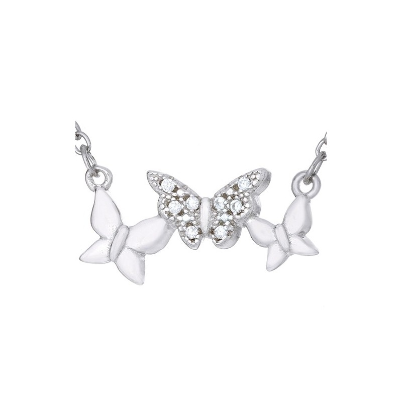 Naszyjnik wykonany ze srebra próby 925 celebrytka o kształcie trzech połączonych motylków.