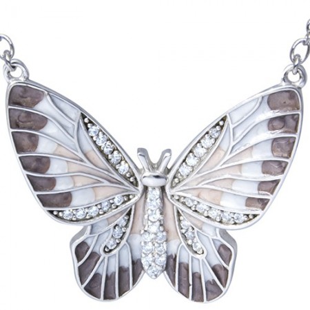 Naszyjnik srebrny próby 925 o kształcie dużego motylka z emalią i cyrkoniami.