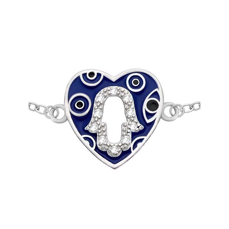 Bransoletka celebrytka ze srebra 925 z emaliowanym na niebiesko serduszkiem a w środku Ręka Fatimy z cyrkoniami.