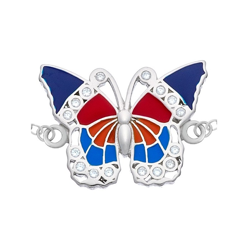 Bransoletka celebrytka ze srebra 925 z kolorowym motylem malowanym ręcznie emalią i cyrkoniami.