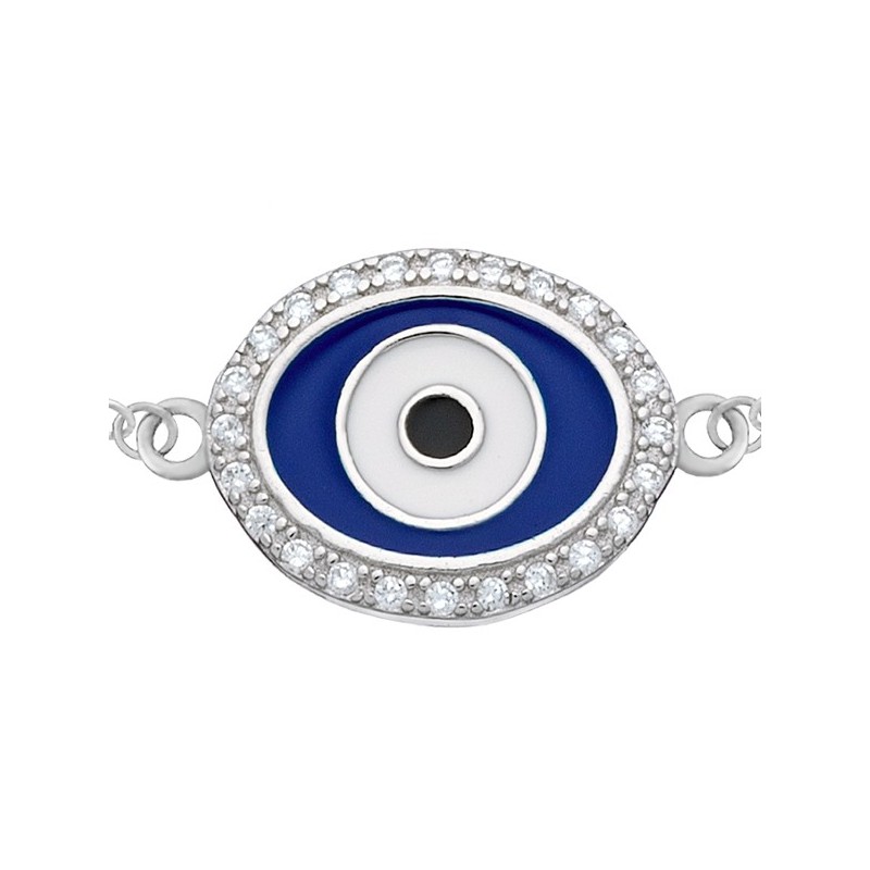 Bransoletka srebrna 925 ze wzorem oka proroka malowana niebieska i białą emalia oraz z cyrkoniami.