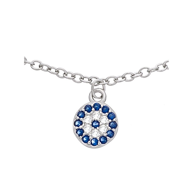 Bransoletka ze srebra 925 z z pięcioma wiszącymi okrągłymi elementami z cyrkoniami w kolorze białym i niebieskim.