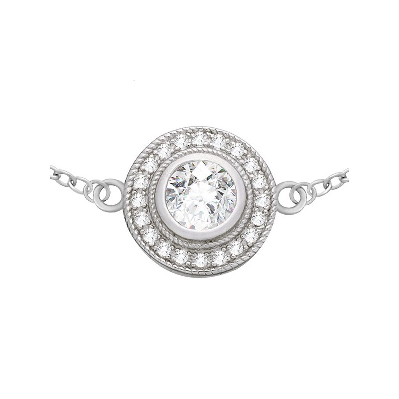 Bransoletka ze srebra próby 925 typu celebrytka z okrągłym elementem zdobionym cyrkoniami.