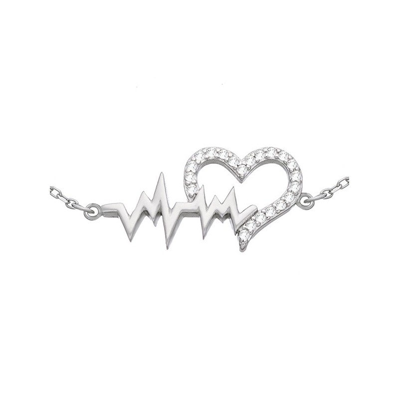 Bransoletka ze srebra 925 z ozdobnym elementem serduszka z cyrkoniami połączonego z linia bicia serca.