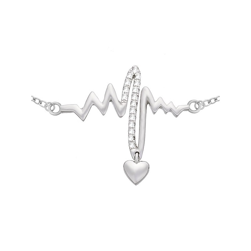 Bransoletka ze srebrna 925 z  zdobionym cyrkoniami elementem linii bicia serca i delikatnym wiszącym serduszkiem.