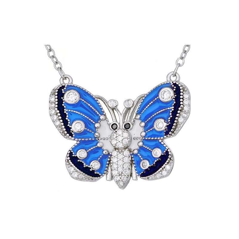Naszyjnik ze srebra 925 z zawieszka w kształcie dużego motyla z kolorową emalią i cyrkoniami.