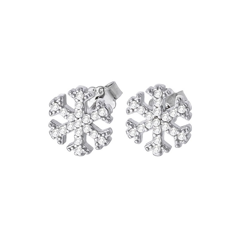 Piękne kolczyki na sztyft ze srebra próby 925 w kształcie płatków śniegu cyrkoniami.