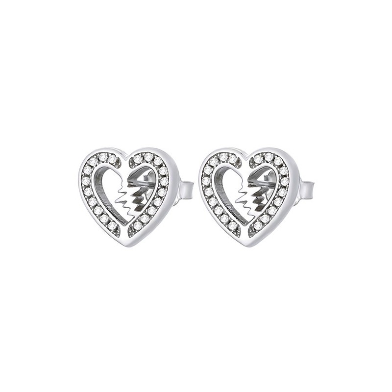 Piękne kolczyki na sztyft ze srebra próby 925 w kształcie serduszka z linia życia w środku i cyrkoniami.