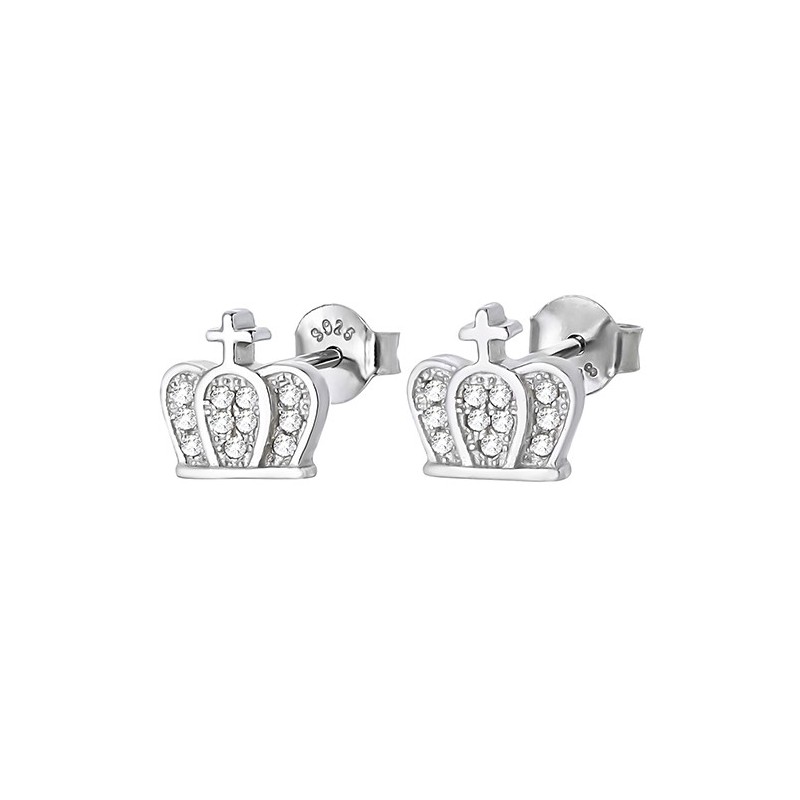 Piękne kolczyki na sztyft ze srebra próby 925 w kształcie korony z cyrkoniami.