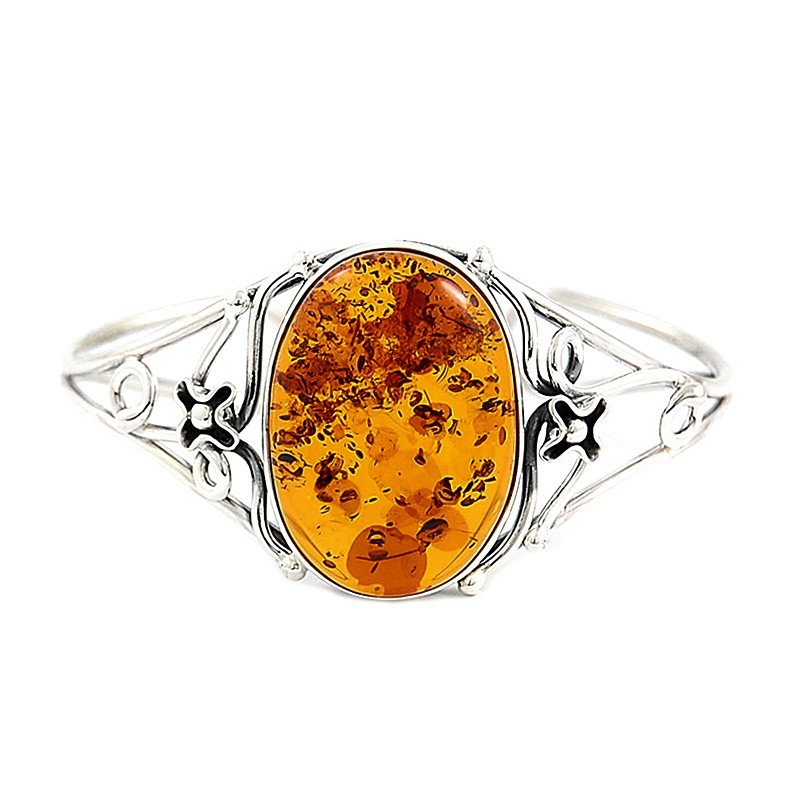 Unikatowa bransoletka ze srebra 925 z dużym bursztynem w koniakowym kolorze.