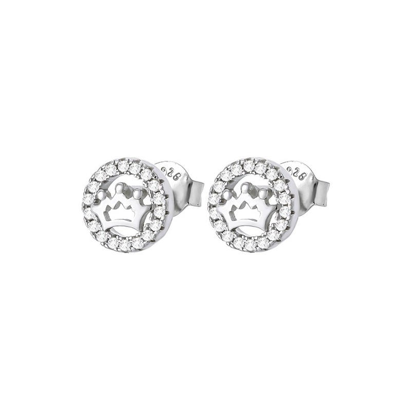 Piękne kolczyki z cyrkoniami na sztyft ze srebra 925 w kształcie koła a w środku korona.