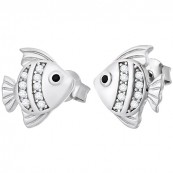 Piękne kolczyki na sztyft ze srebra próby 925 w kształcie ryby z cyrkoniami.