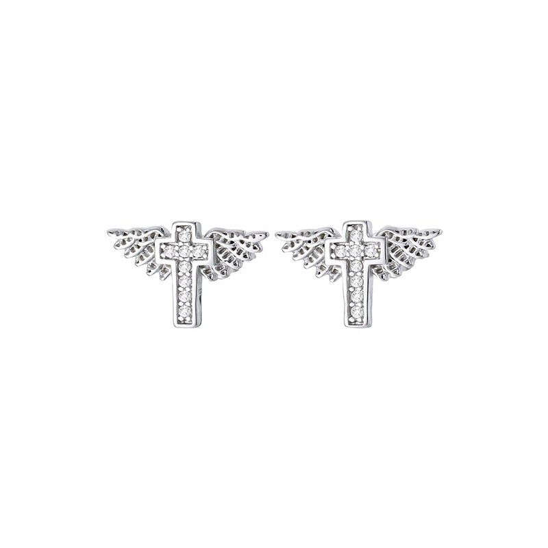Piękne kolczyki ze srebra 925 z cyrkoniami o kształcie krzyża ze skrzydłami.