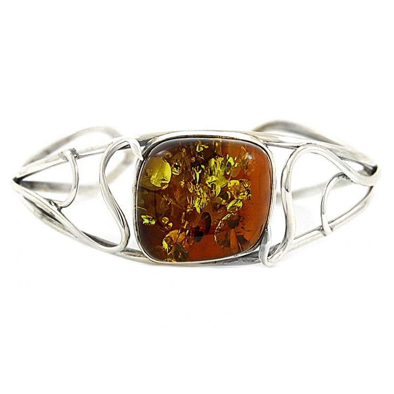 Bransoletka ze srebra 925 wykonana całkowicie ręcznie z dużym koniakowym bursztynem.