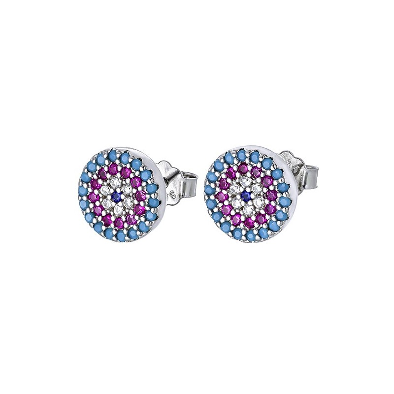 Piękne, okrągłe srebrne 925 kolczyki na sztyft z czterema rzędami kolorowych cyrkonii.