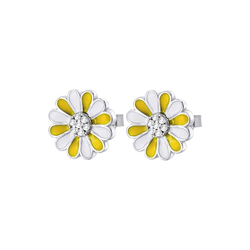 Piękne srebrne 925 kolczyki na sztyft z białą i żółtą emalią o kształcie kwiatka margaretki.