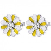 Piękne srebrne 925 kolczyki na sztyft z białą i żółtą emalią o kształcie kwiatka margaretki.