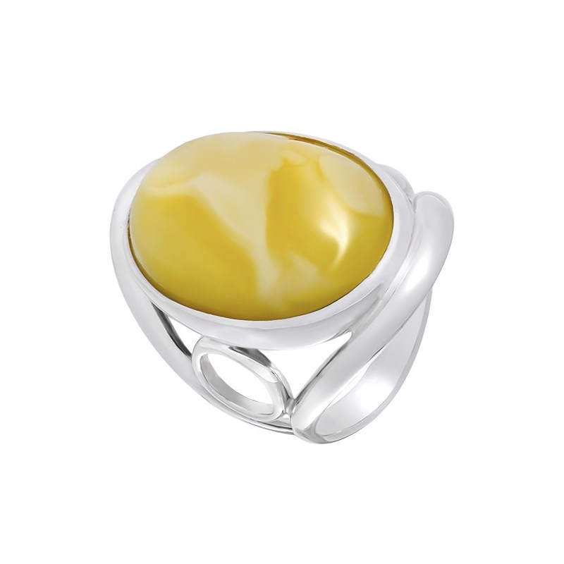 Pierścionek srebrny 925 z białym bursztynem w subtelnej oprawie.