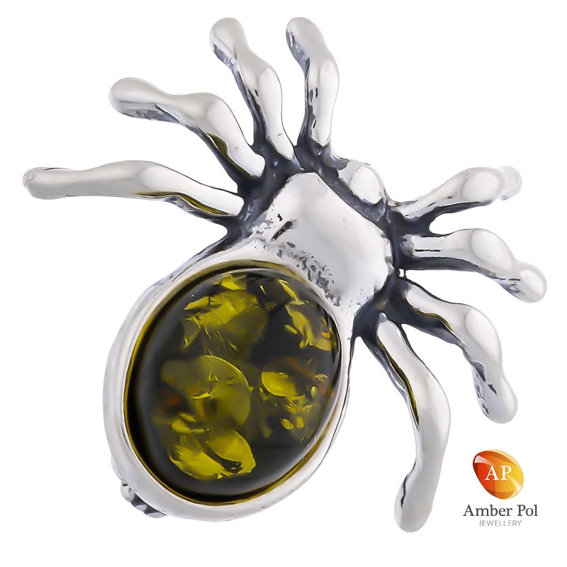 Broszka srebrna 925 z bursztynem w kolorze zielonym o kształcie pająka.