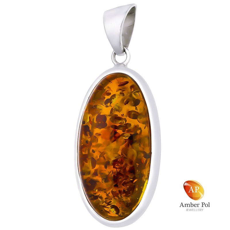 Duzy wisior z bursztynem w kolorze koniaku, oprawionym w srebro.