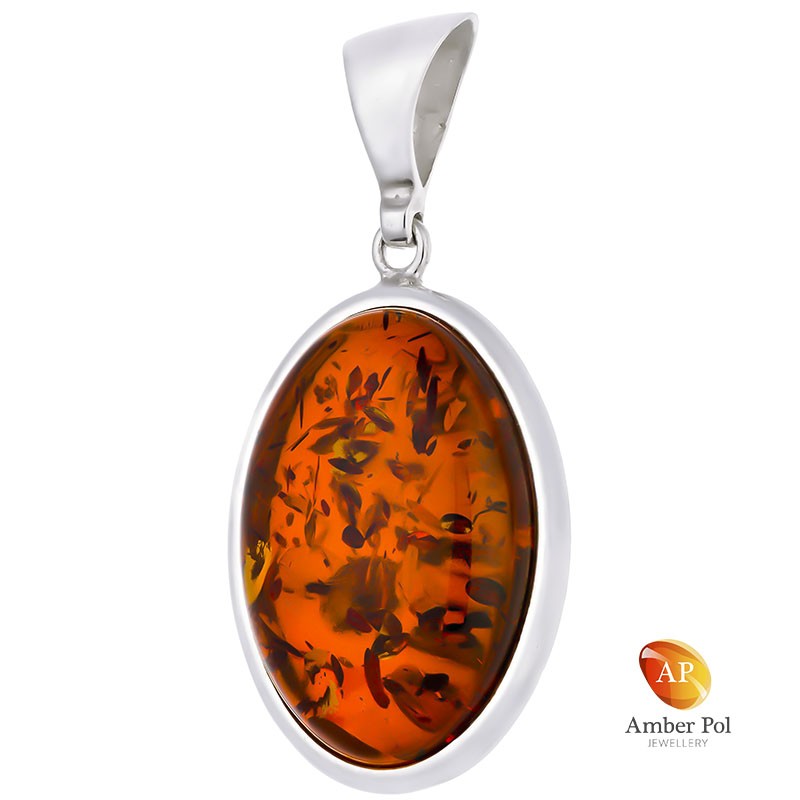 Wisior srebrny 925 z dużym bursztynem w kolorze koniaku o klasycznej owalnej linii z dopasowana zawieszką.