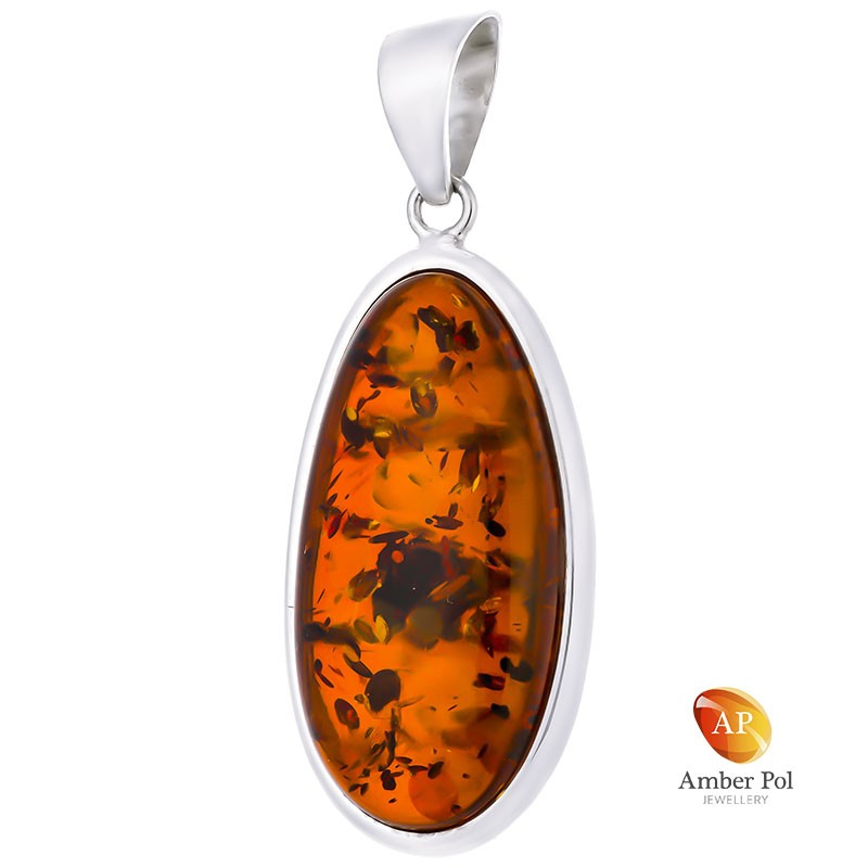 Piękny unikatowy wisior ze srebra 925 o wydłużonej linii  z zawieszka oraz z  naturalnym bursztynem w koniakowym kolorze.