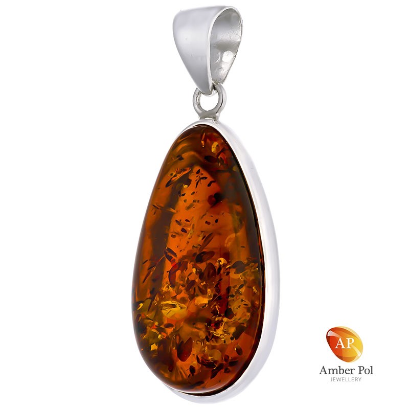 Unikatowy wisior srebrny 925 z bursztynem w kolorze koniaku o klasycznej owalnej linii z dopasowana zawieszką.