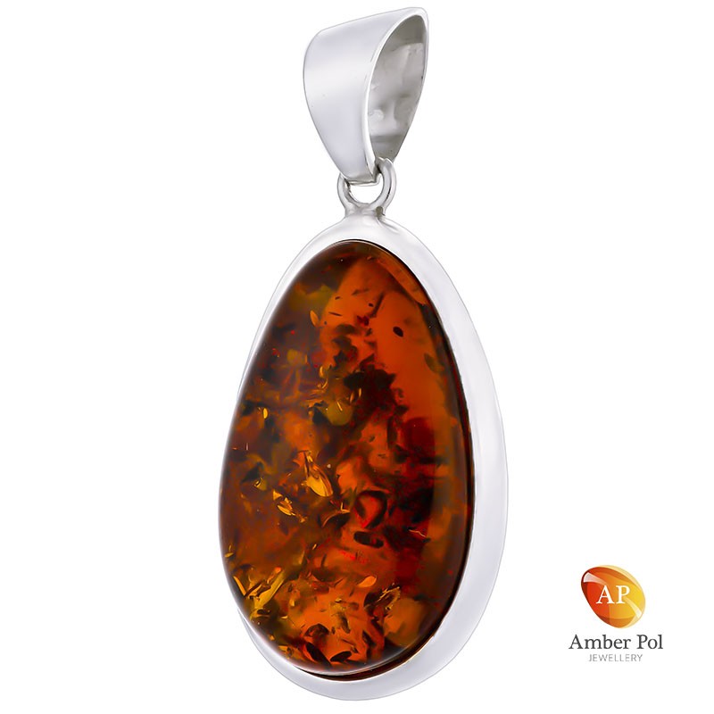 Unikatowy wisior srebrny 925 z bursztynem w kolorze koniaku o klasycznej owalnej linii z dopasowana zawieszką.