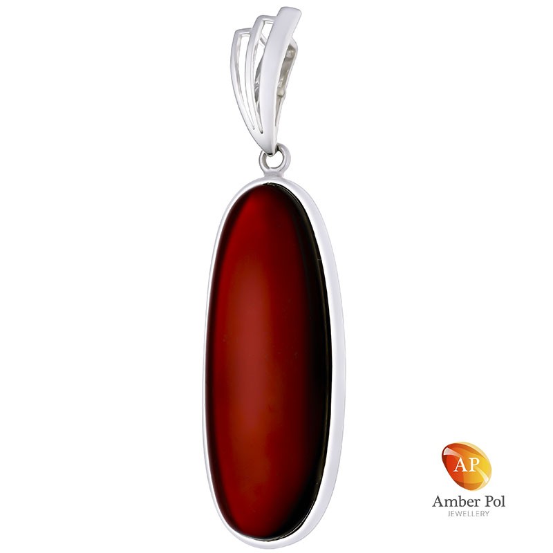 Unikatowy wisior srebrny 925 z bursztynem w kolorze wiśni o klasycznej owalnej linii z dopasowana zawieszką.