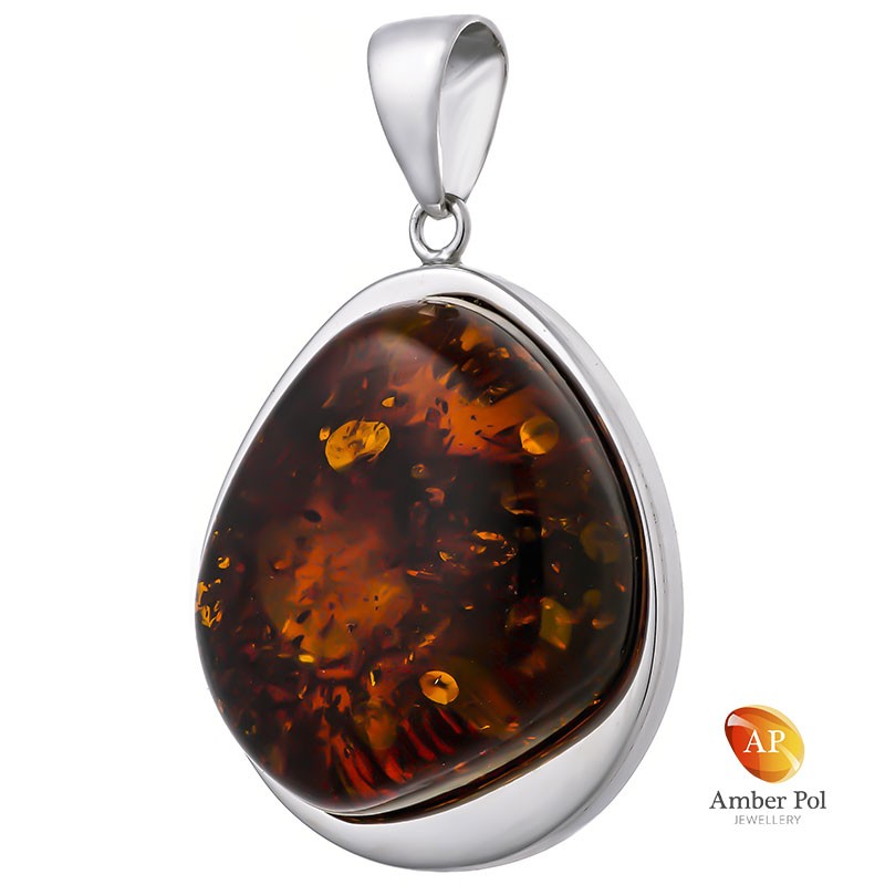 Unikatowy wisior srebrny 925 z bursztynem w  kolorze koniaku o klasycznej owalnej linii z dopasowaną zawieszką.