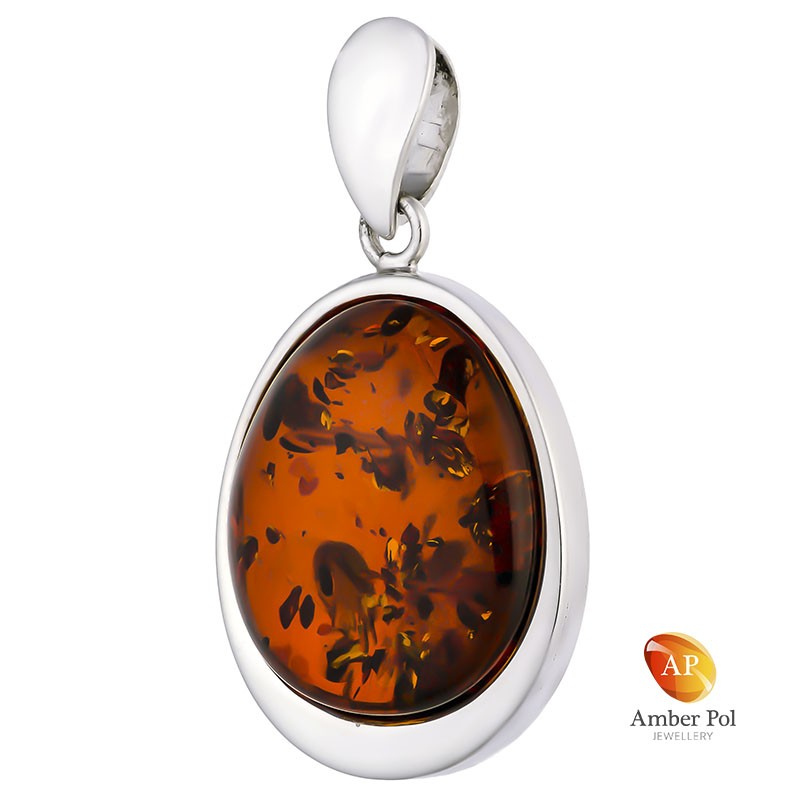 Unikatowy wisior srebrny 925 z bursztynem w  kolorze koniaku o klasycznej owalnej linii z dopasowaną zawieszką.