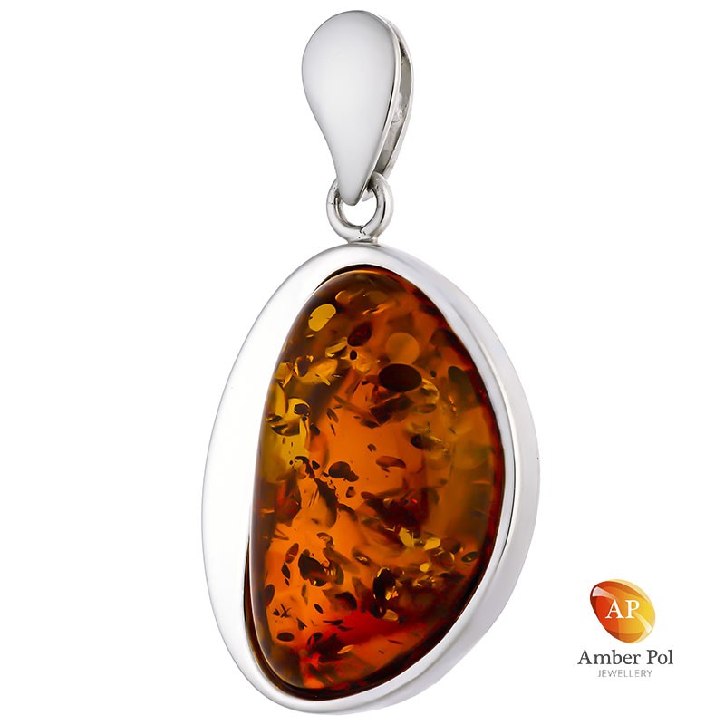Unikatowy wisior srebrny 925 z bursztynem w  kolorze koniaku o nieregularnej linii z dopasowaną zawieszką.