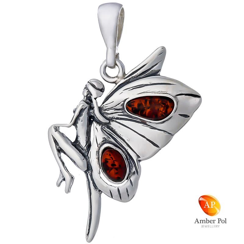 Wisior ze srebra 925 z bursztynem w kolorze koniaku o kształcie kobiecego elfa ze skrzydłami jak motyl.
