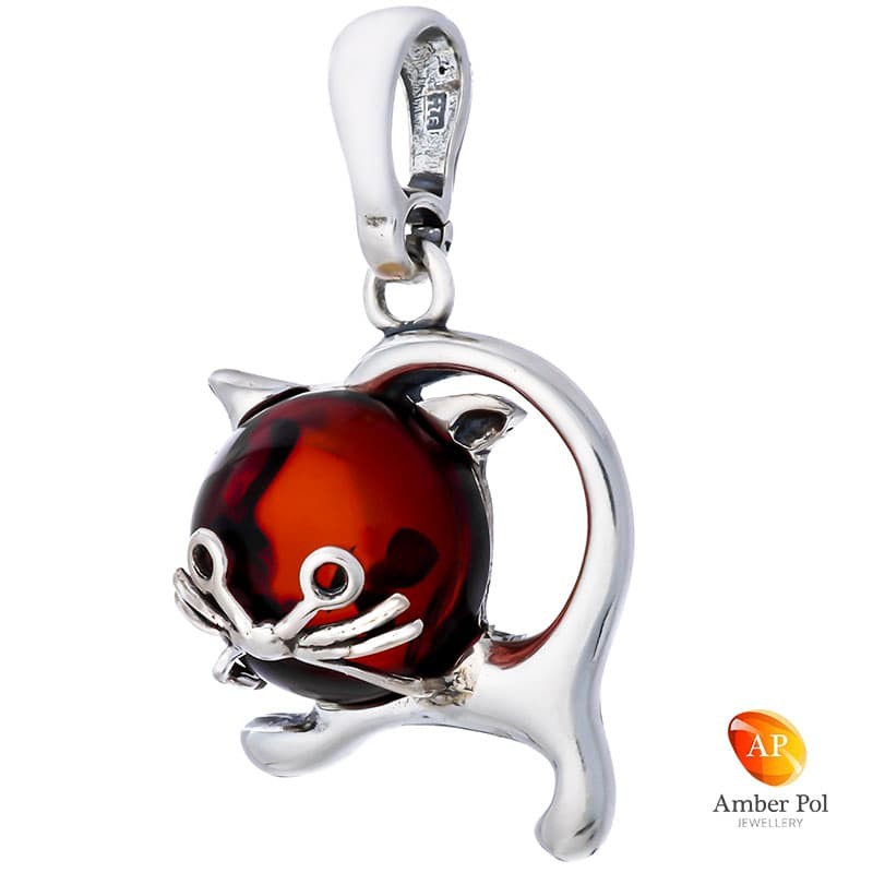 Wisiorek ze srebra 925 z bursztynem w koniakowym kolorze o kształcie kotka.