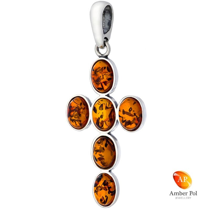Wisior ze srebra 925 z sześcioma owalnymi bursztynkami w kolorze koniaku  ułożonymi w kształt krzyża.