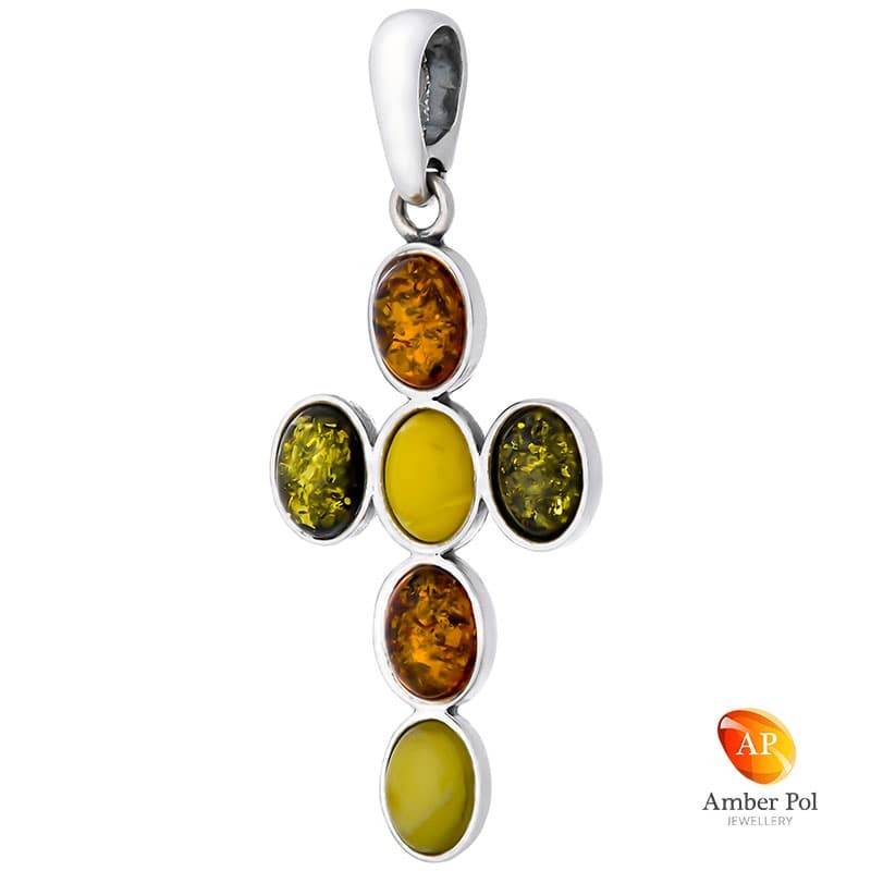 Wisior ze srebra 925 z sześcioma owalnymi bursztynkami   w kolorze mix ułożonymi w kształt krzyża.