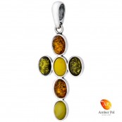 Wisior ze srebra 925 z sześcioma owalnymi bursztynkami   w kolorze mix ułożonymi w kształt krzyża.