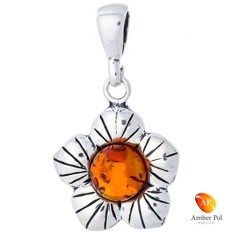 Wisior ze srebra 925 w kształcie kwiatka z koniakowym bursztynem.