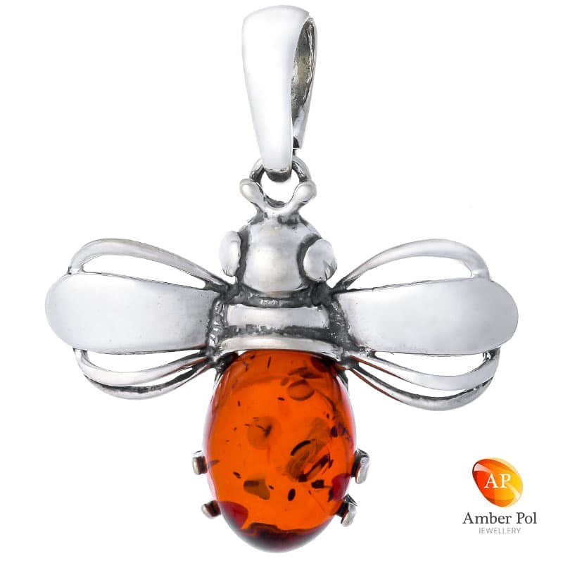 Wisiorek ze srebra 925 z bursztynem w kolorze koniakowym, o kształcie pszczółki .