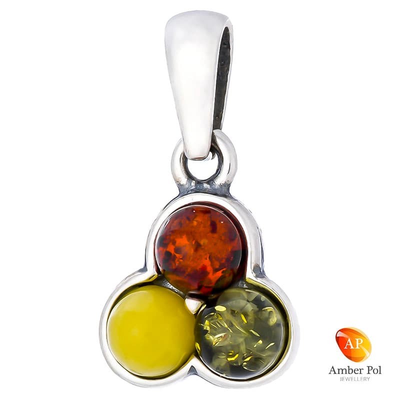 Piękny wisiorek ze srebra 925 z trzema okrągłymi bursztynkami w kolorze mix.