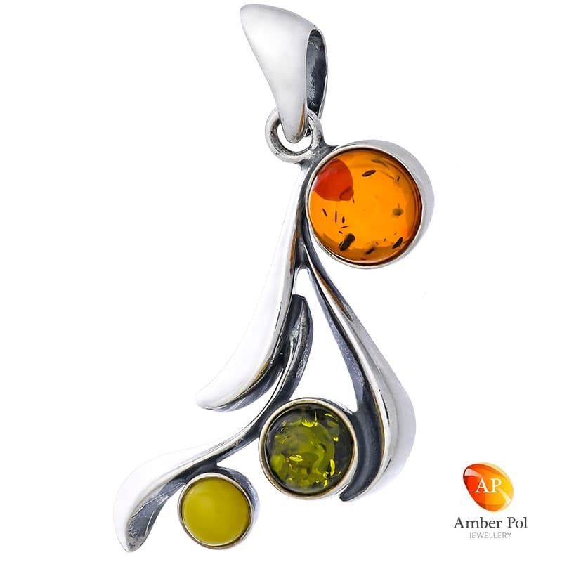 Piękny wisiorek ze srebra 925 w nieregularnym wydłużonym kształcie z trzema okrągłymi bursztynkami w kolorze mix.