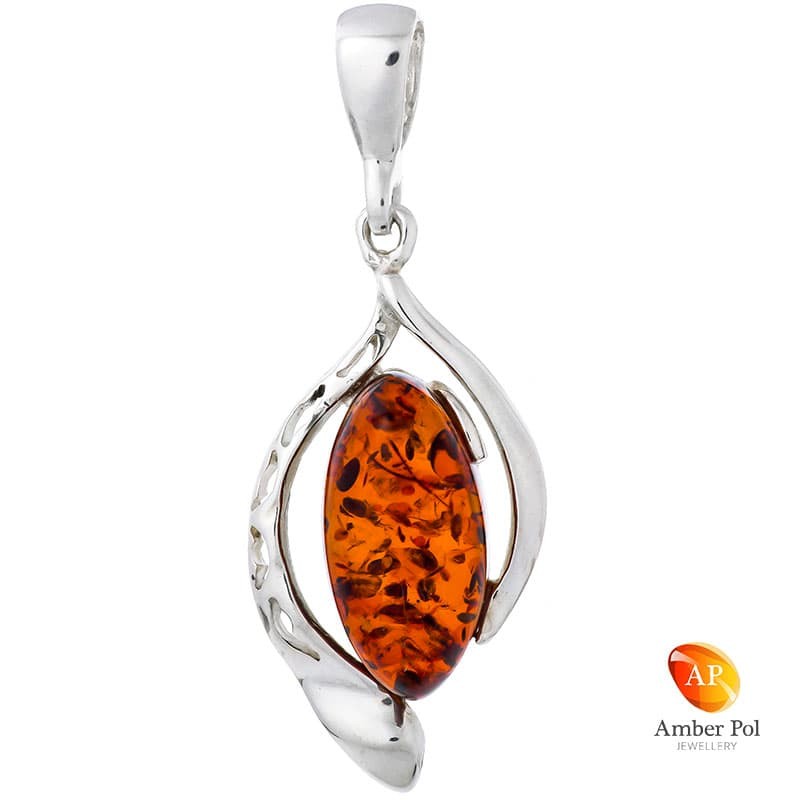 Piękny wisiorek srebrny 925 z bocznym ażurowym zdobieniem i bursztynem w kolorze koniaku.