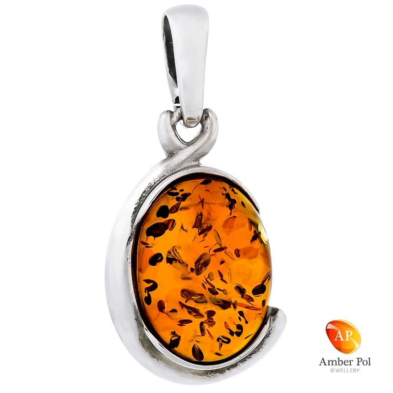 Piękny wisiorek srebrny 925 z owalnym bursztynem w kolorze koniakowym.
