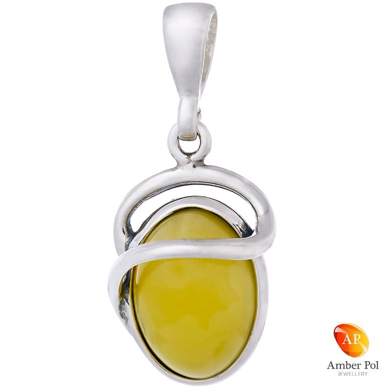 Piękny wisiorek w wydłużonej formie ze srebra próby 925 z bursztynem w kolorze białym.