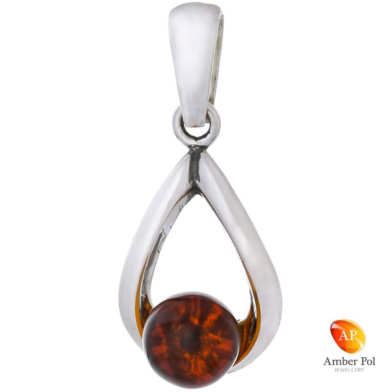 Piękny wisiorek ze srebra próby 925 z bursztynowa kulką w koniakowym kolorze.