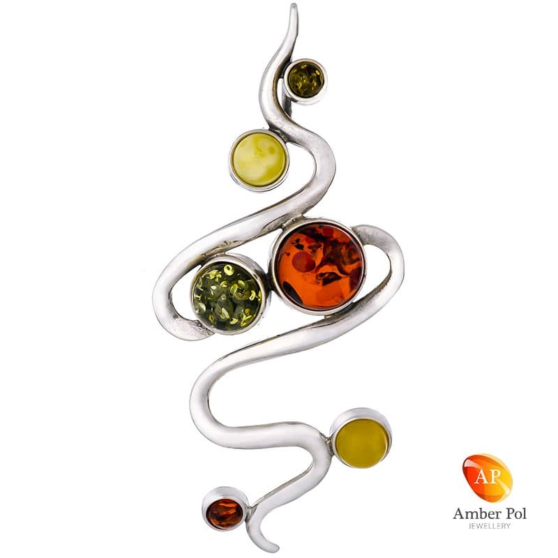 Piękny wisiorek ze srebra 925 o wydłużonym kształcie z bursztynami w  kolorze koniakowym, zielonym i mlecznym.