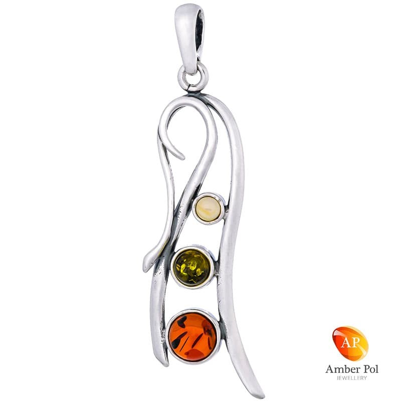 Piękny wisiorek ze srebra 925 o wydłużonym kształcie z bursztynami w kolorze koniakowym, zielonym i mlecznym.